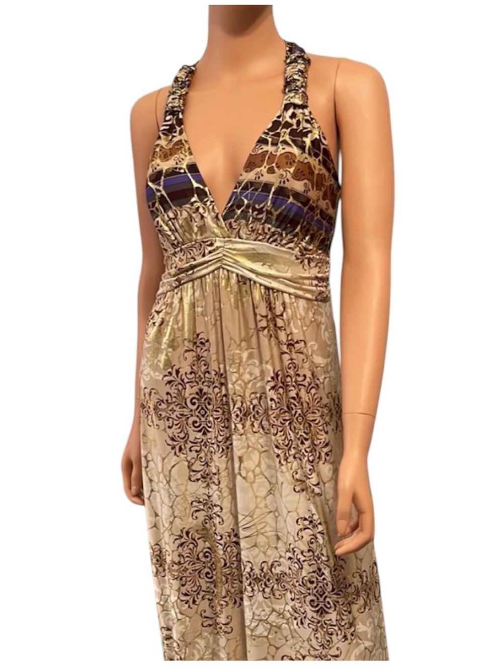 Shoreline Bohemian Printed Halter Maxi Dress - Beige, Purple & Gold foil S/M - Picture 3 of 16